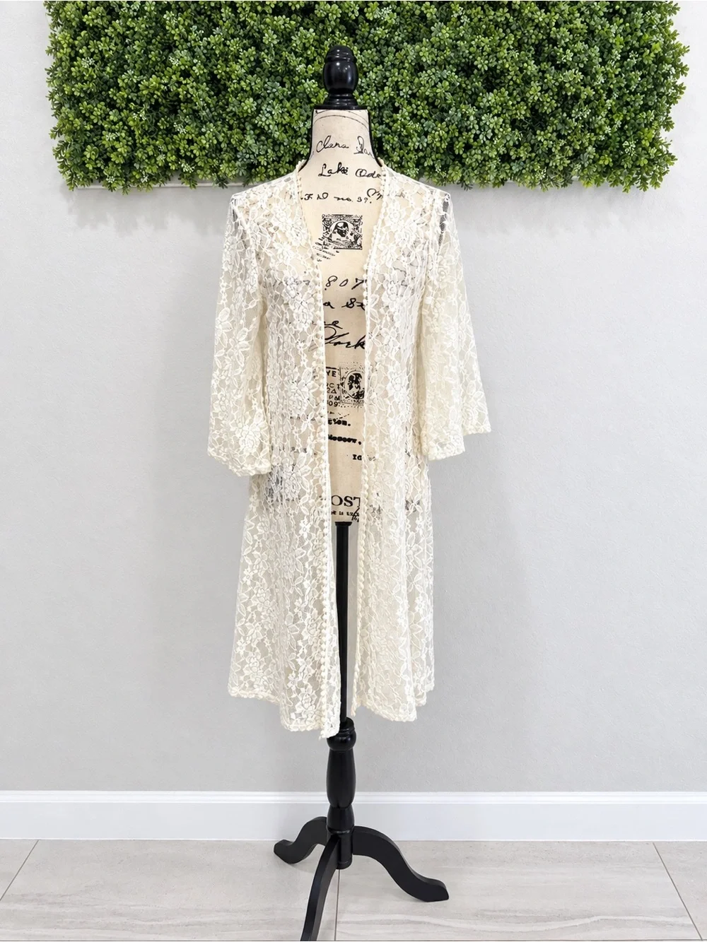 Ivory Floral Lace Kimono Beach Cover Up Boho Size L
